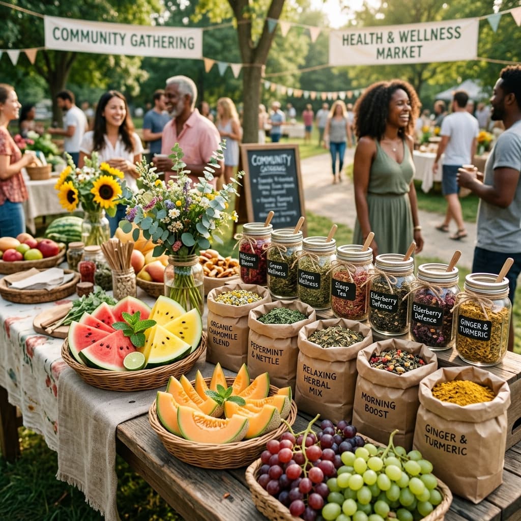 Community health table spread with free watermelons, grapes, and loose-leaf herbal jars being given away